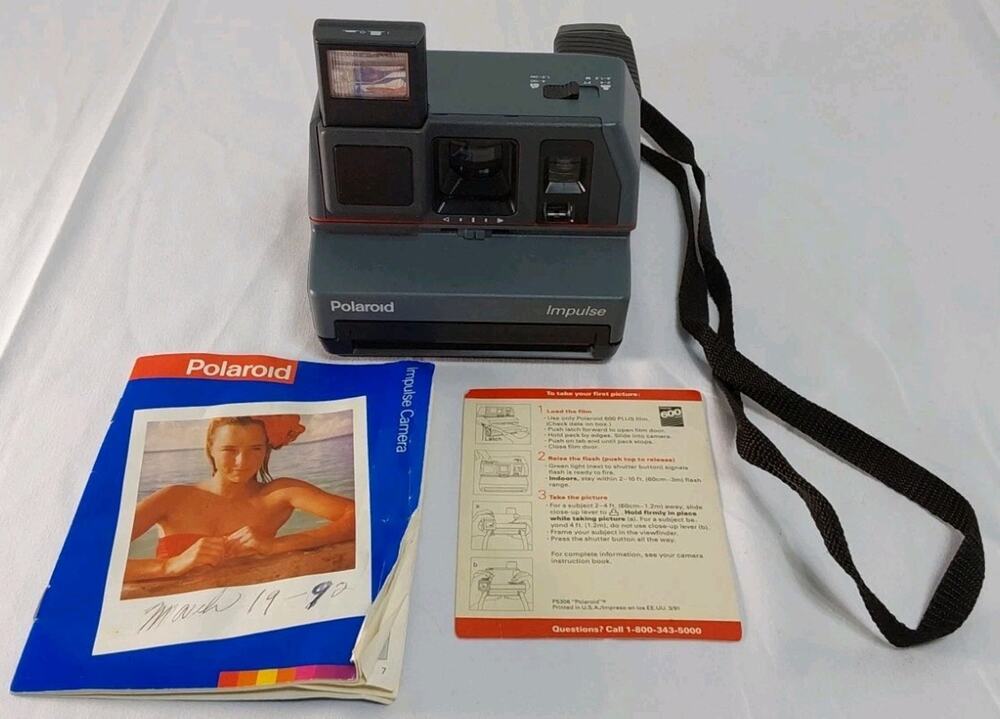 Vintage Polaroid Impulse 600 Camera W/Pop-Up Flash, Strap, And Instruction Book